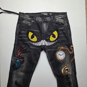 Cote De Nuits Alice in Wonderland Cat Distressed Black Jeans Pants Size 36x33